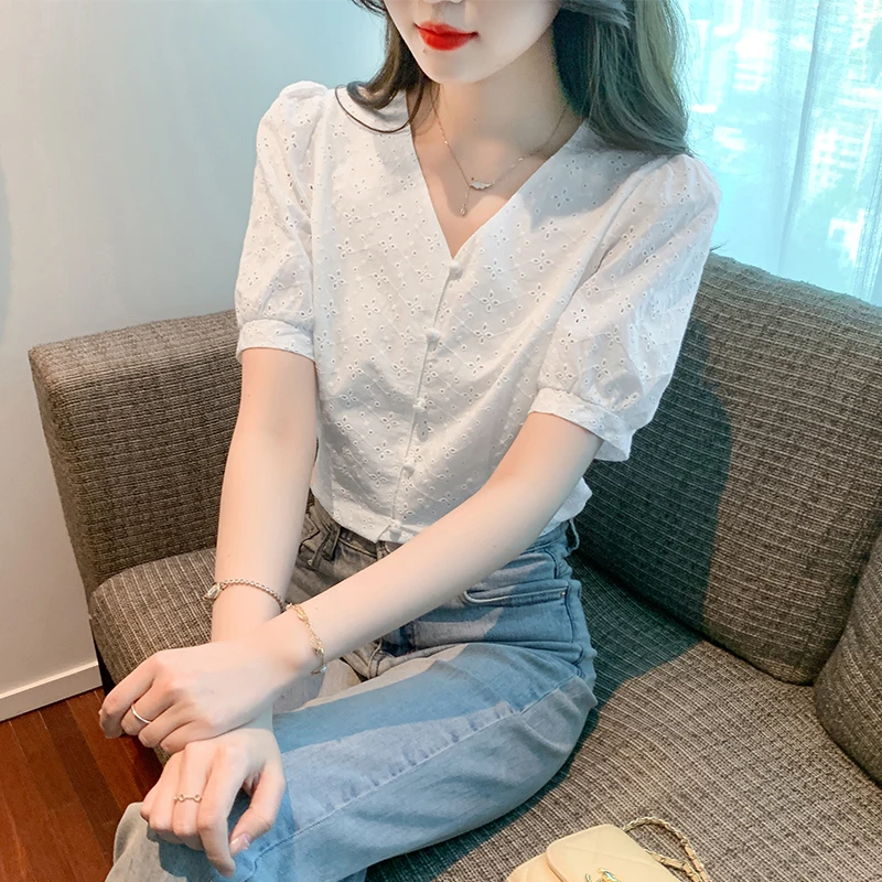 Women's Short Sleeve Shirt Retro Puff Sleeve Chic Top 2023 Summer Casual New Blouse