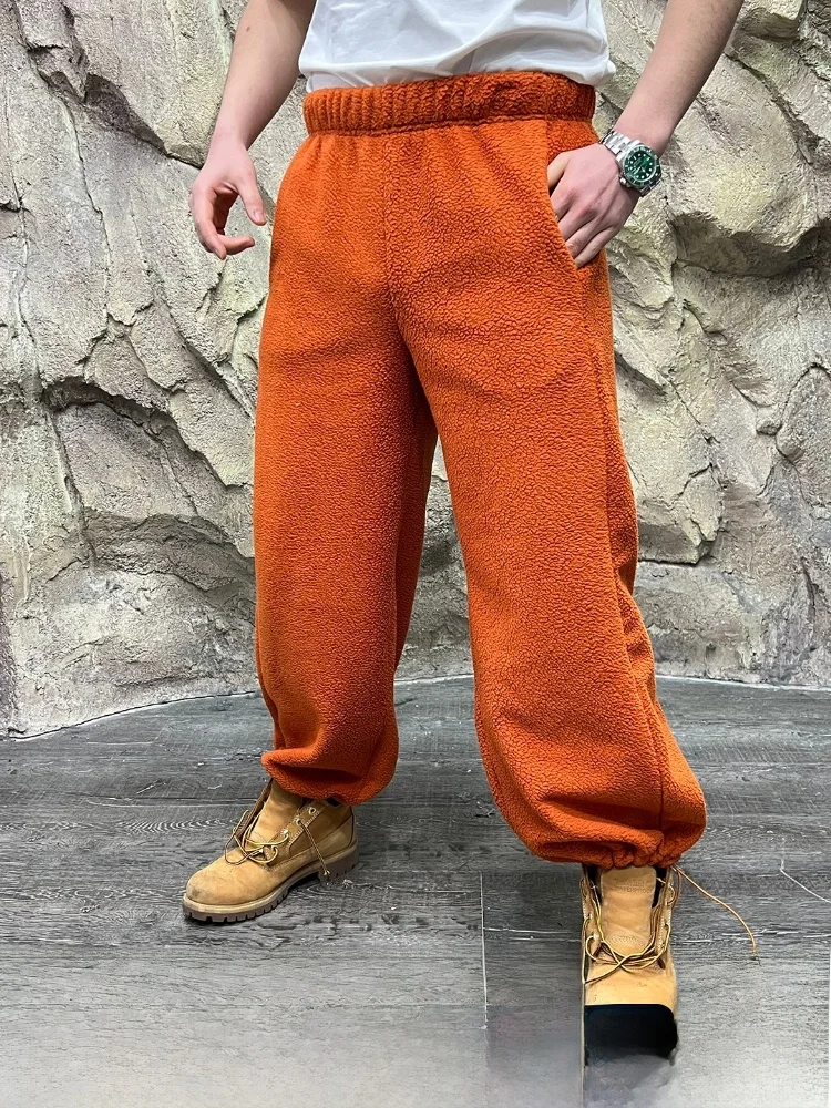 

Dopne Color Loose Wide Leg Elastic Waist Design Fce Lined Thiened Warm Casual Pants for Men And Women