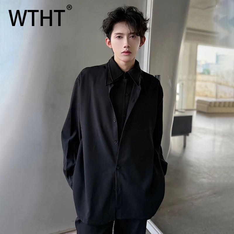 

WTHT Fashion Men's Spliced Fake Two-pieves Design Shirts Trendy Long Sleeves Turn Down Collar Tops Male 2025 Autumn 2A1663