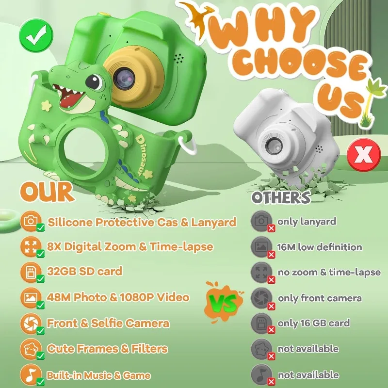 48MP Kids Camera for Child  Video Selfie Camera-Christmas Birthday Dinosaur Gift for Toddler, HD Digital Camera Toy for Child