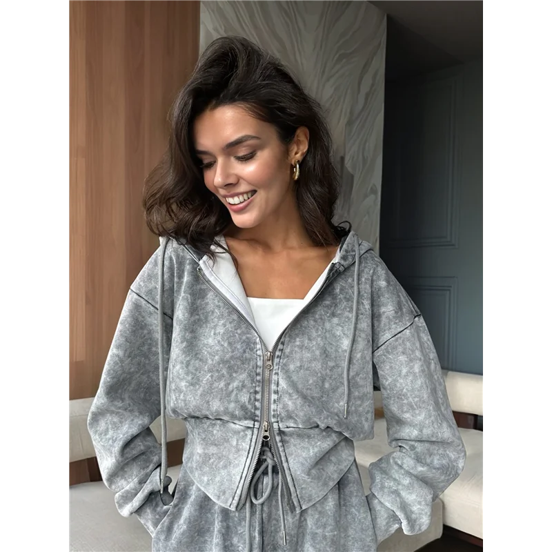 NEU – 2-teiliger Velours-Trainingsanzug für Damen, zweiteilig, weicher Samt-Kapuzen-Trainingsanzug für Damen, Lounge mit Taschen, Grau, M