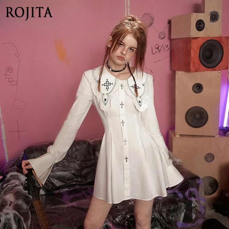 

White Long-sleeved Dress Women Spring Embroidery Contrasting Colors Temperament Exquisite and Advanced Japanese Lolita Dress
