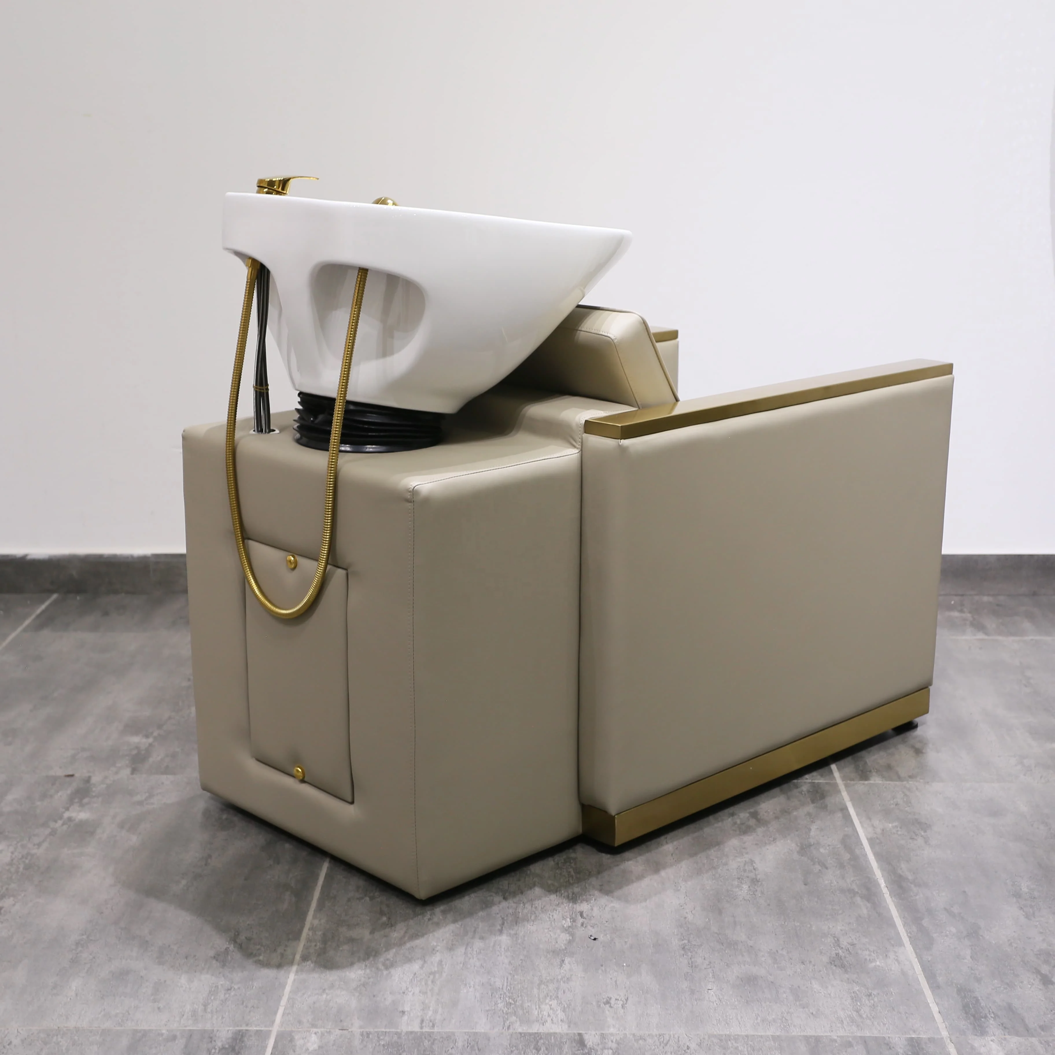 كرسي غسيل الشعر بالشامبو الذهبي من Hotsell Salon Furniture مع وعاء أبيض لكرسي غسيل الشعر بلون كريمي #3