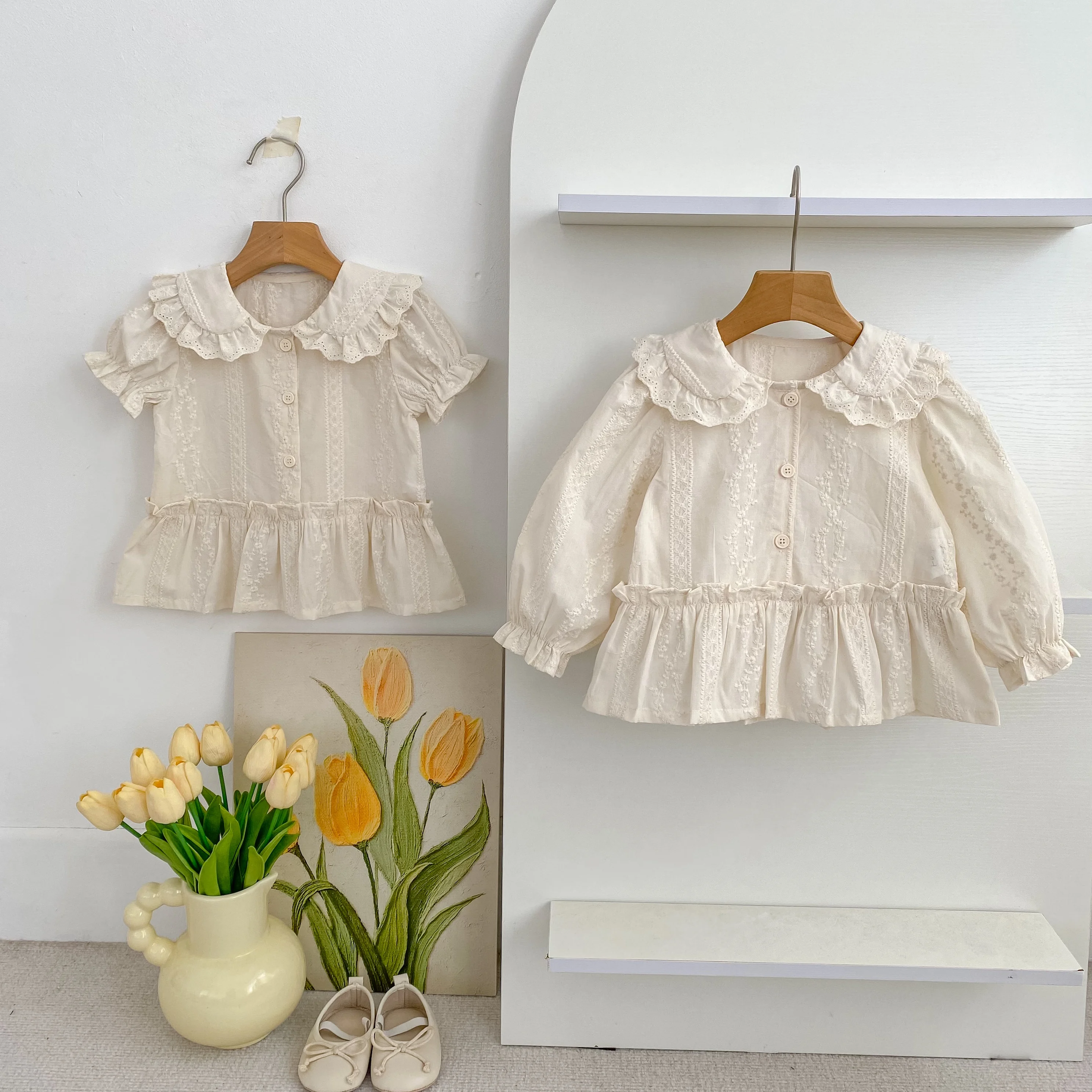 Koreanischer Stil Baby-Mädchen Spitzenbluse mit Puppenkragen, Herbst Langarm-Rüschenhemd, Besticktes Rüschen-Prinzessinnen-Oberteil für Kinder, Lässiges Top – Detail 15