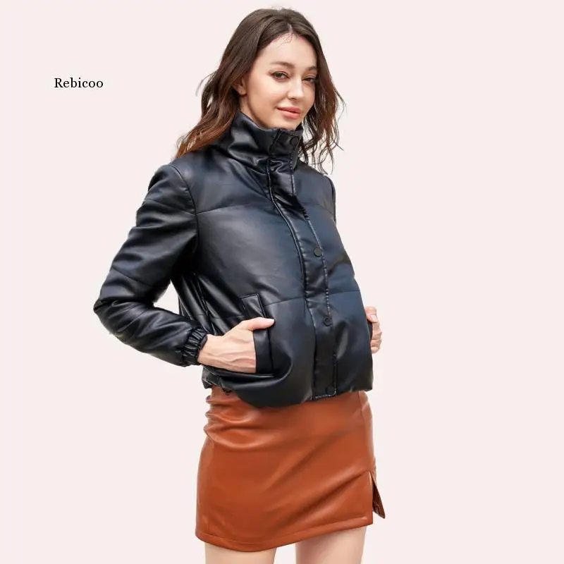 Autumn Winter Short Leather Jacket Women 2022 Fashion Thick Padded Clothes Female Warm Casual Zipper Turtleneck Black Outerwear