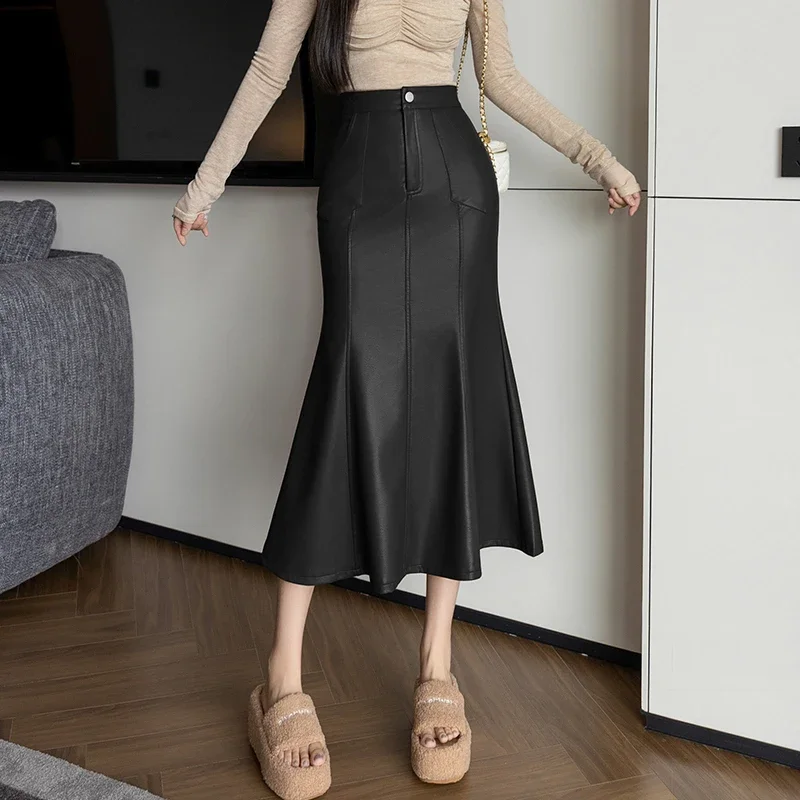 Vintage High Waist PU Leather Skirts for Women Autumn Winter New Fashionable Fishtail Wrapped Pencil Skirts Female