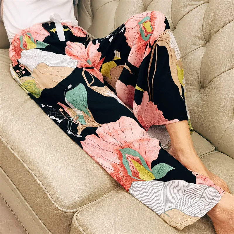 New Viscose Sleeping Bottoms Women's Plus Size Floral Printed Loose Calf Length Pants Comfortable Home Wear Pajamas Beach Suits