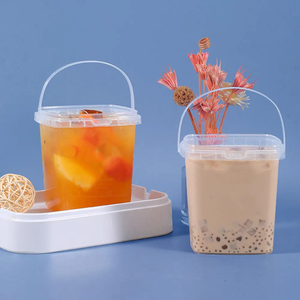 

5Pcs Clear Lid Square Beverage Bucket H for Milk Tea Juice Snack Packaging Milk Tea Bucket Multipurpose Container