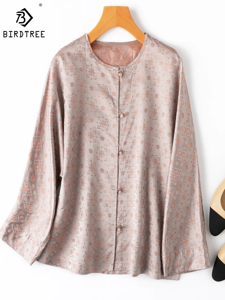 

Birdtree 100%Mulberry Silk Song Brocade Shirt Round Neck Long Sleeves Soft Comfortable Elegant Loose Blouse Woman New T30623QD