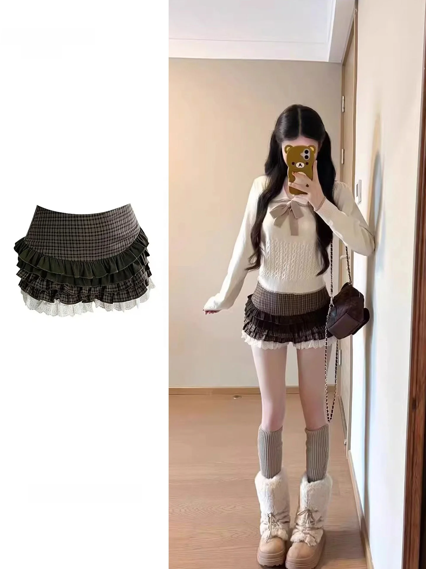 

High Waist A-Line Midi Skirt with Lace Trim Patchwork Design Women's Casual Style Cake Short Skirt Coffee Color Vintage Style