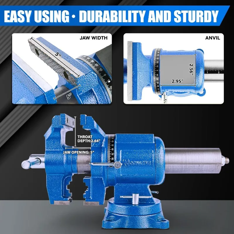 Multi-Purpose Bench Vise, Ductile Iron, Heavy Duty with Anvil, Clamp force 4000KG, Blue, 5-Inch