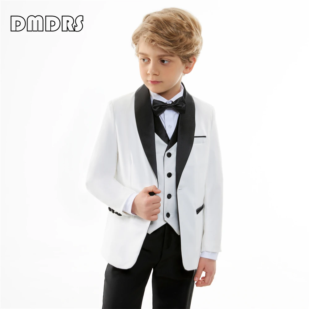 Classy White Boy's Suit Set 4 Pieces Blazer Vest Pants Wedding Ring Bear Children Suits Kids Formal Tuxedo Stylish Outfit