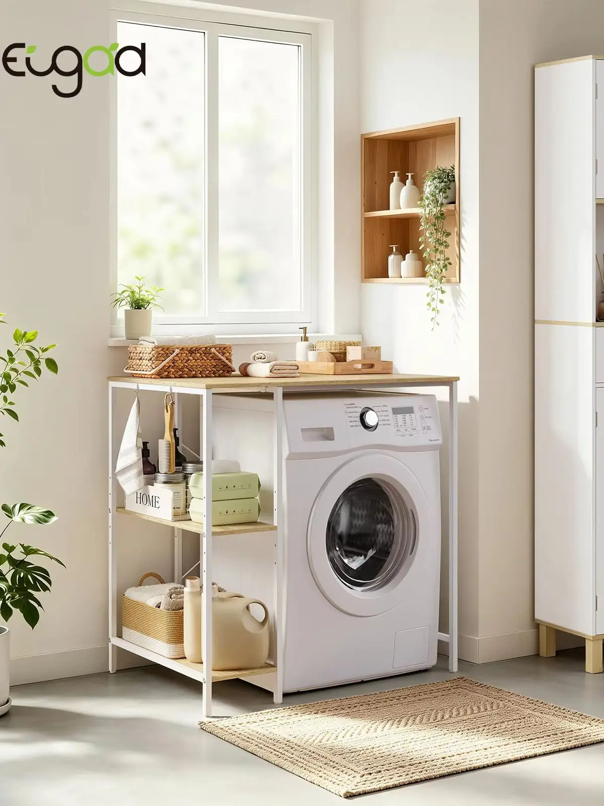 EUGAD Waschmaschinen-Unterschrankregal über Waschmaschine/Trockner mit 2 verstellbaren Seitenregalen und 2 Haken für Waschküche/Badezimmer