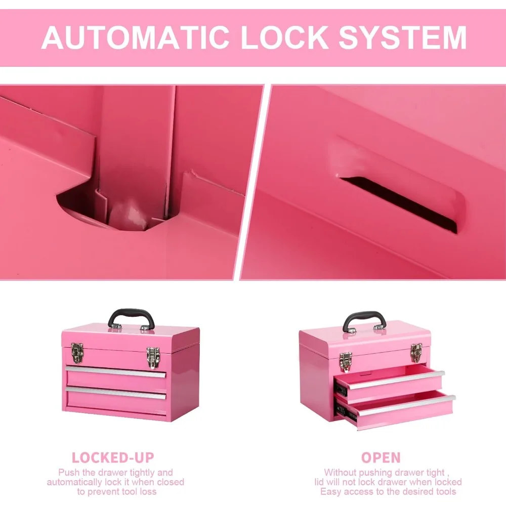 14 Inch Steel Portable Tool Box with drawers - Tool Storage Box Organizer with Metal Latch Closur - Powder Coated Toolbox Chest
