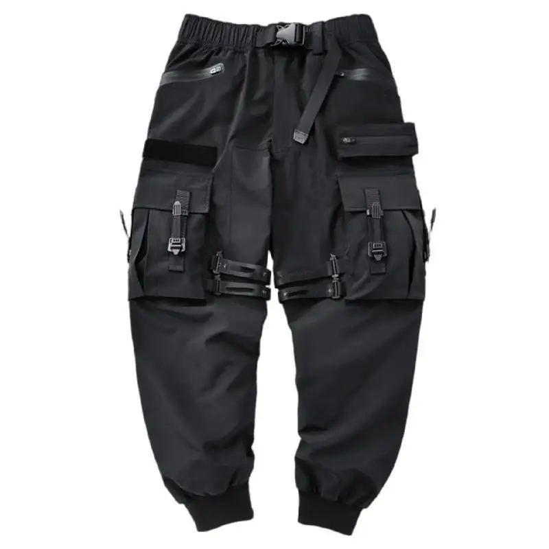 Unisex Multi-Pocket Cargo Pants Elastic Waist Overalls Men\'S Clothing Harajuku Hiphop Streetwear Ribbon Leggings Sweatpants