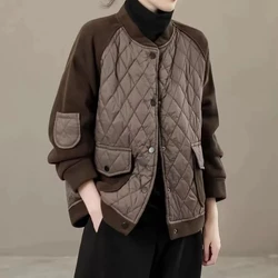 2024 New Cotton Jacket Female Patchwork Fashion Autumn Winter Casual Diamond Short Coat Women's Loose Baseball Outwear