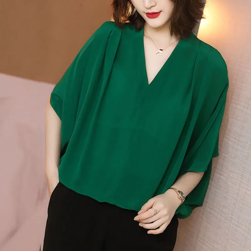 Elegant V-Neck Solid Color Batwing Sleeve Loose Blouse 2022 Summer New Office Lady Tops Oversized Casual Women\'s Clothing Shirt