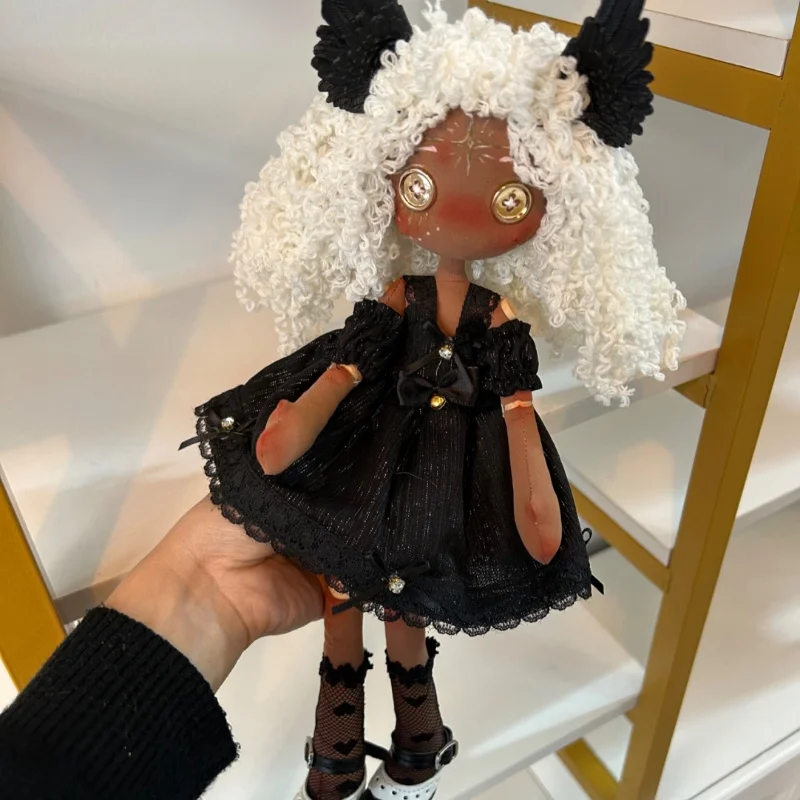 Black Sweetie Button Doll Ghost Mum Doll Hand-Sewn Doll Doll Handmade Birthday Gift Full Set 30cm