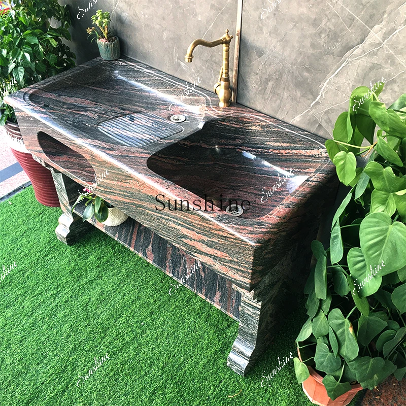 Outdoor natural marble laundry sink floor-to-ceiling with washboard  FT