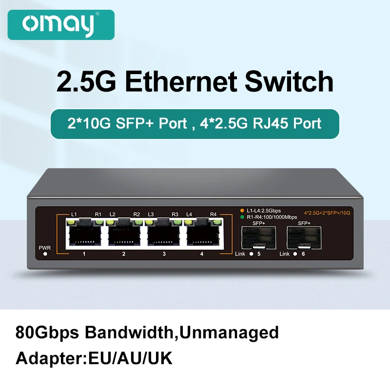 

OMAY 2.5GbE Network Switch 4 Port 2.5G RJ45 with 2 Port 10G SFP+ Ethernet Switch Fanless Plug and Play Desktop Wall Mounted