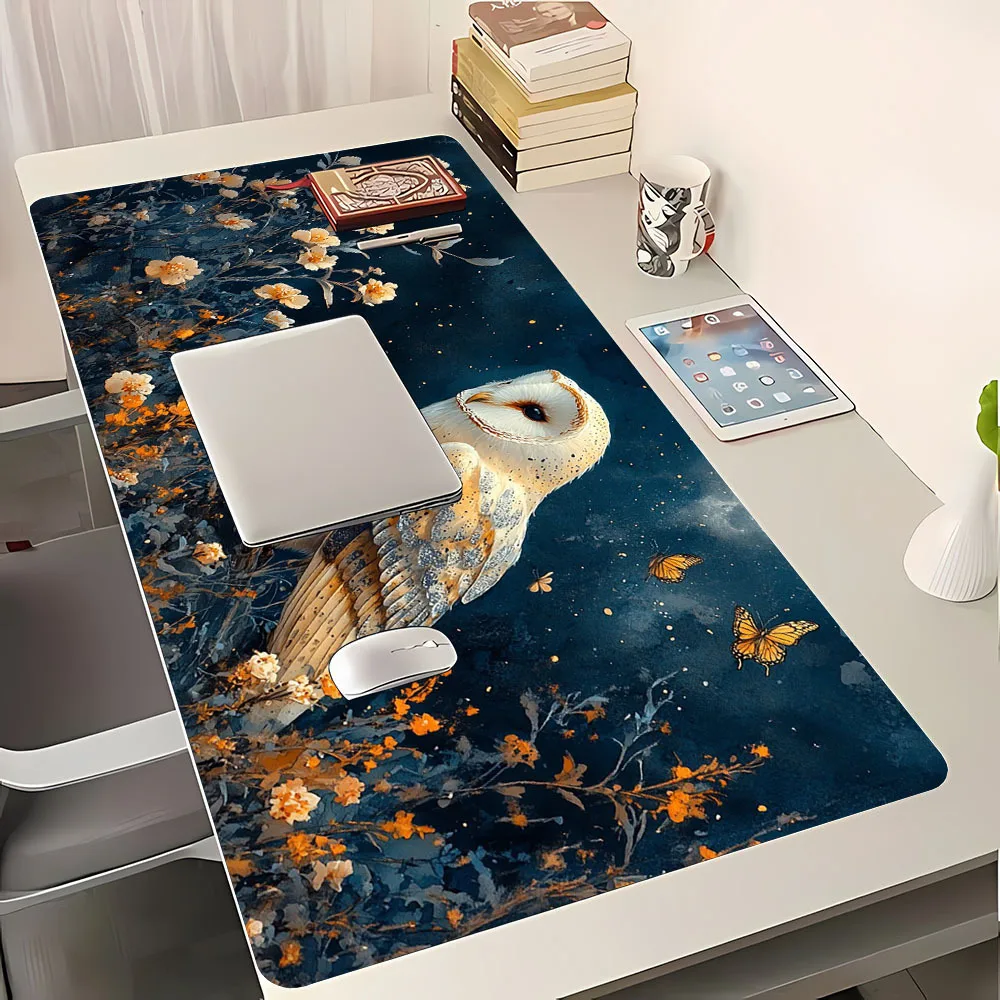 Owl print three-dimensional pattern in the flowers under the beautiful starry sky, large mouse pad for computer notebook games
