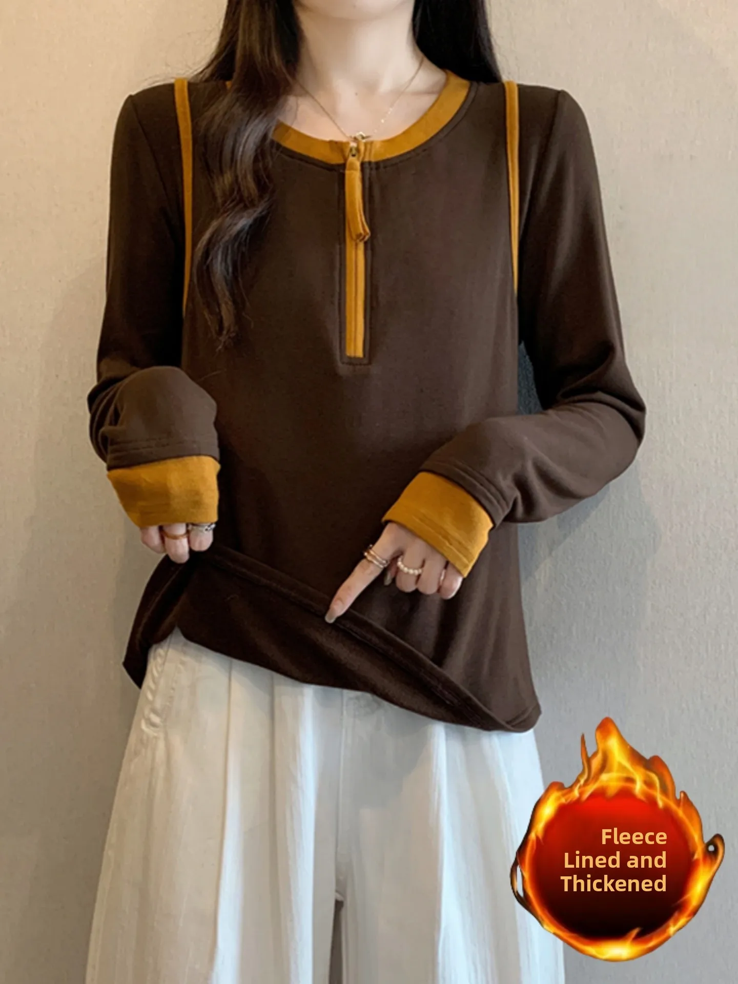 Caramel Half-Zip Long Sleeve T-Shirt Women's Base Shirt Spring Autumn plus Size Thickened Fleece Lined Slimming Top
