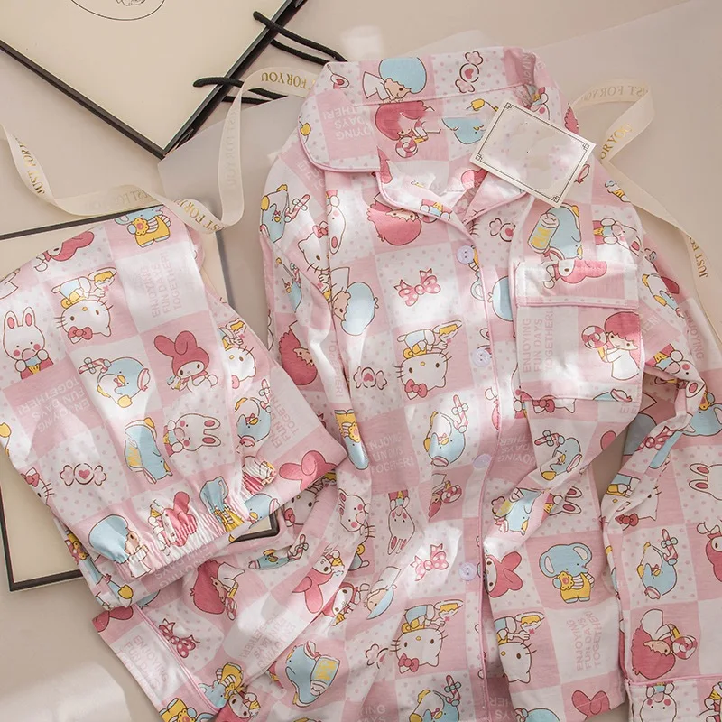 Hello Kitty Sanrio ชุดนอนแขนยาวชุดนอนชุดนอนผู้หญิงพิมพ์ลายการ์ตูนเสื้อพร้อมกางเกงชุดอยู่บ้านชุดนอน