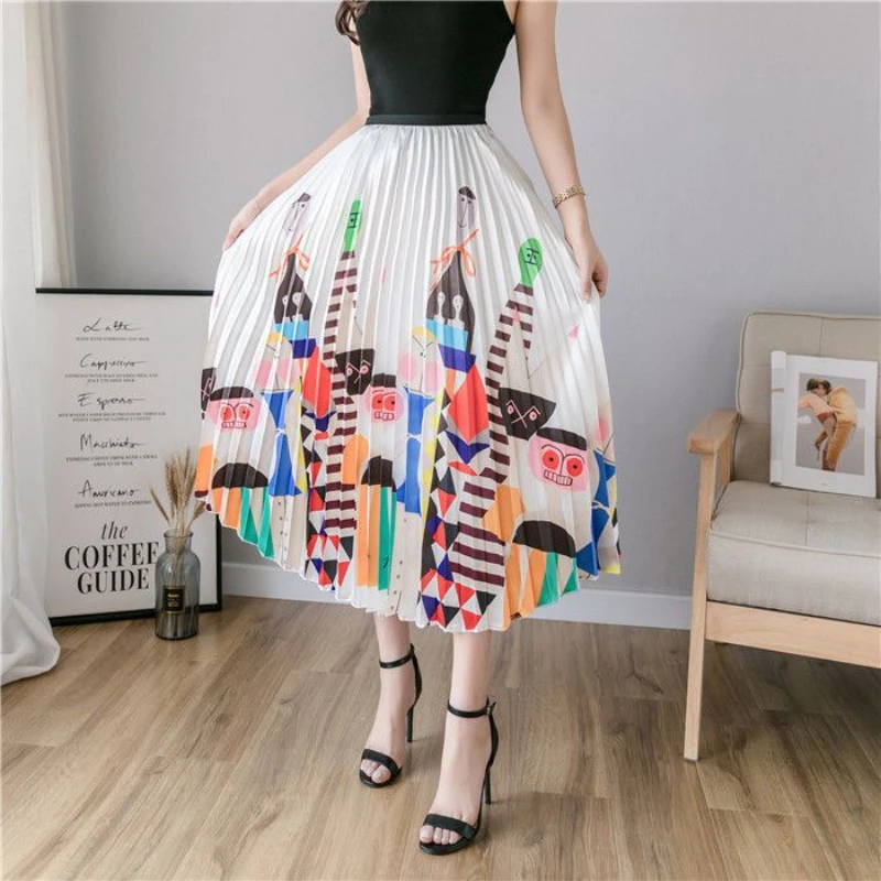 

Spring Autumn Pleated Skirt Women Korean Fashion High Waist A-line Skirt Female Elegant Loose College Style Midi Skirt Ladies