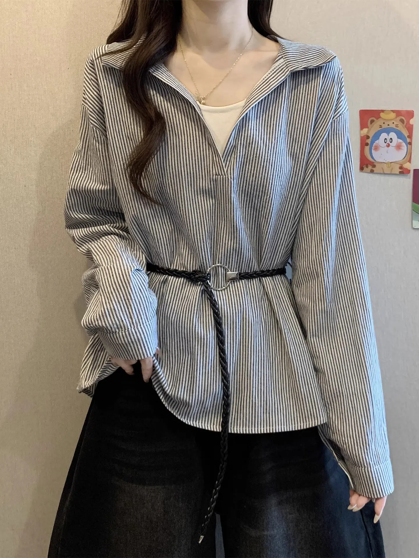 

Женский модный топ Ele с длинным рукавом в полоску, скрывающий живот, весна 2026, большие размеры, омолаживающий эффект