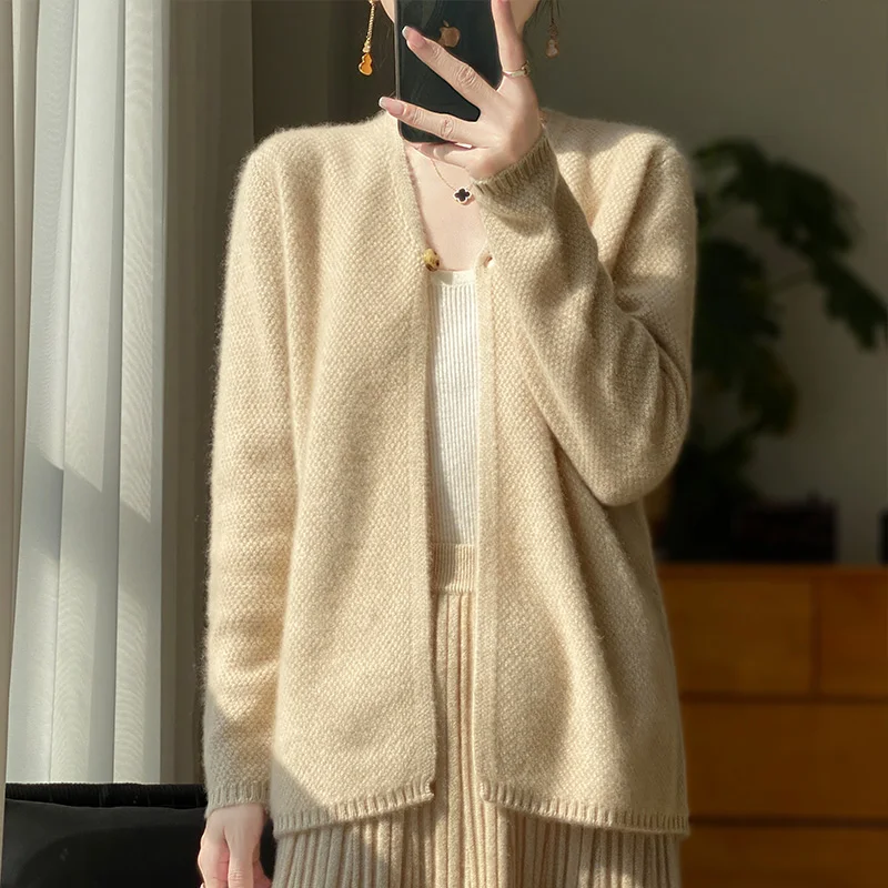 Women New Autumn Winter 100% Merino Wool Sweater V-neck One Button Cardigan Soft Knitwear Elegant Female Exquisite Clothing Tops