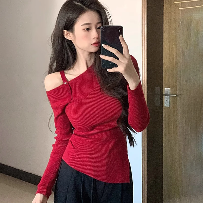 French Chic Off-shoulder Long Sleeve Irregular Slim Knitted Sweater For Women