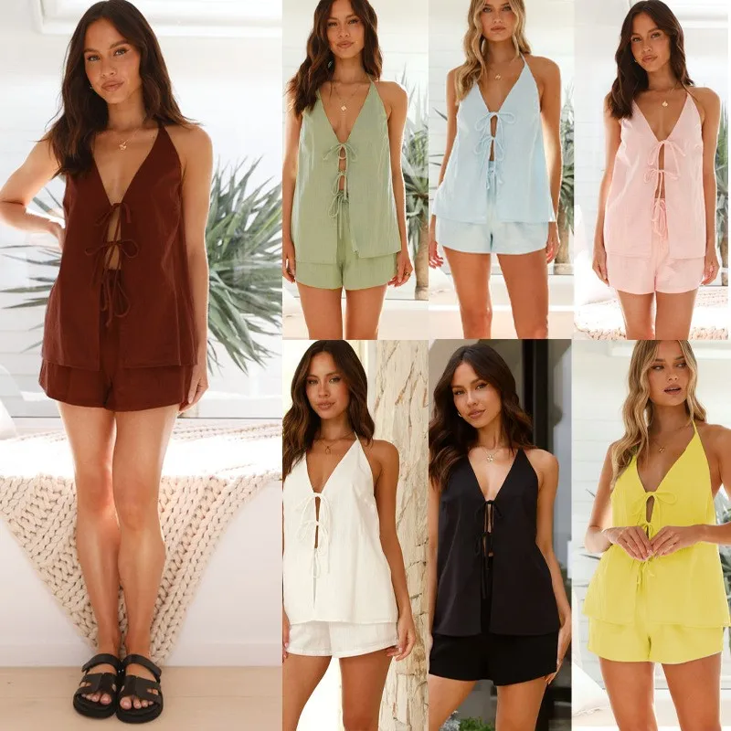 

Solid Color Sleeveless V-Neck Top Shorts Suit Women's 2026 Summer Fashion New Style Halter Neck Hollow Out Lace Up Casual Suit