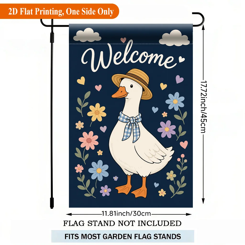 2D Flat Flag - 2D Flat Garden Flag, White Goose Straw Hat Warm Heart Welcome Screen Single Sided Polyester Garden Flag, Suitable for Outdoor Home and Yard Holiday Decorations, Valentine's Day, Easter, Christmas, Thanksgiving, Halloween