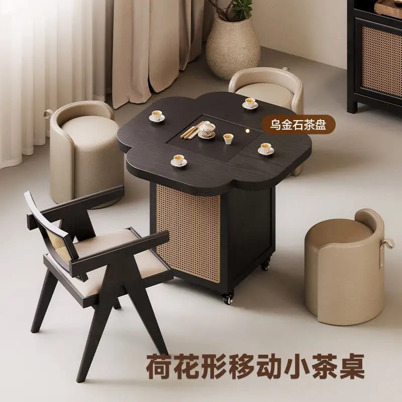 Black lotus-shaped solid wood tea table removable small coffee table household living room balcony tea table tea  chess and