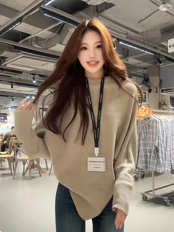 

Loose Korean Sle Batwing Sve Hoodie Women's Autumn Winter Knitted Sweater Soft Cozy Cowl Ne Long Sve Top