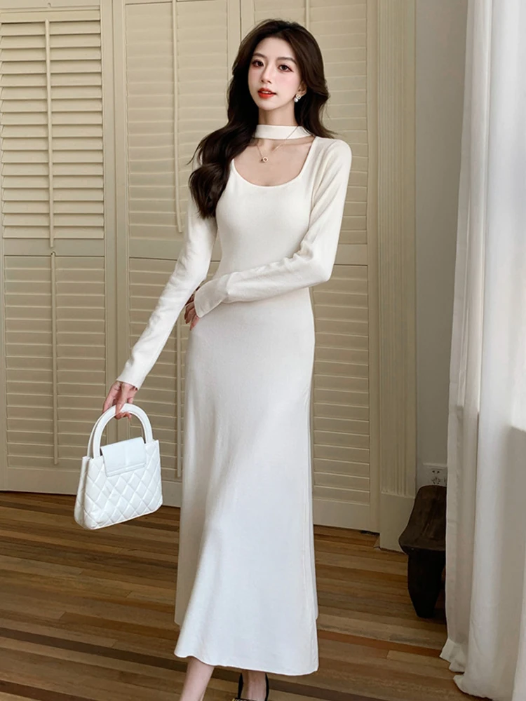 เดรสยาวทรงเข้ารูปสีขาวแบบผูกคอสำหรับผู้หญิง ดีไซน์เรียบหรู สวมใส่ได้ทุกวัน ลำลอง ออกงาน หรือไปทำงาน