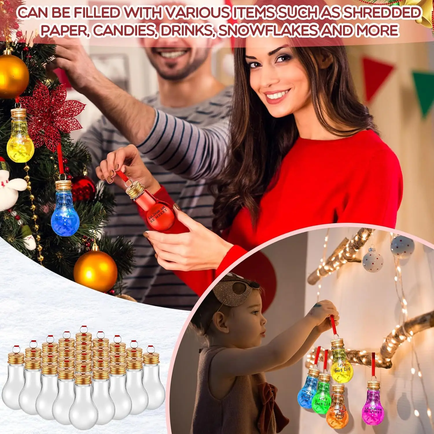 Christmas Tree Decoration 50ml Fillable Transparent Christmas Light Bulb Bottle With red rope PET Material Juice Beverage Bottle