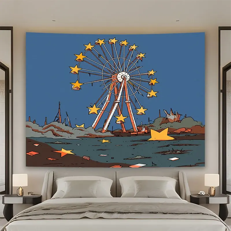 Retro Carnival Tapestry Wall Hanging Ferris Wheel Decor Vintage Amusement Park Background Art Print Poster for Bedroom