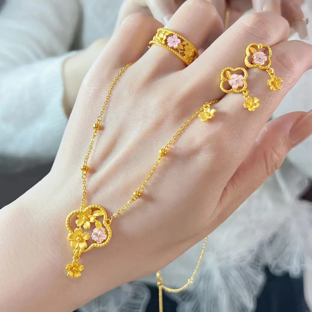 Rich Family Thousand Gold Style New Chinese Sakura Powder Gold Plated Ring, Tassel Earrings, Wedding Jewelry Set for Women