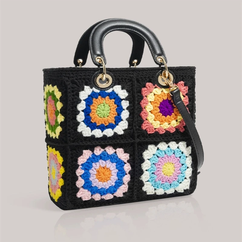 Bohemian Granny SquareCrochet Women Handbags Vintage Wooden Knitted Hand Bags Handmade Woven Large Tote Big Shopper Purses 2025