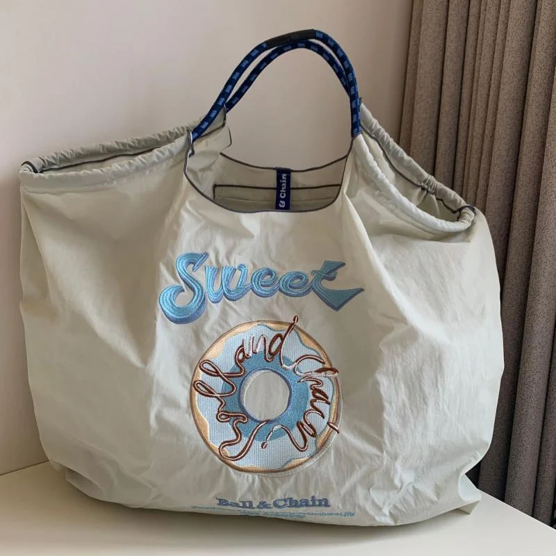 Nylon Bag Embroidered Shopping Bag Eco Friendly Shoulder Spot Doughnut Women Casual Tote Bag Large Capacity Handbag Girls Gift