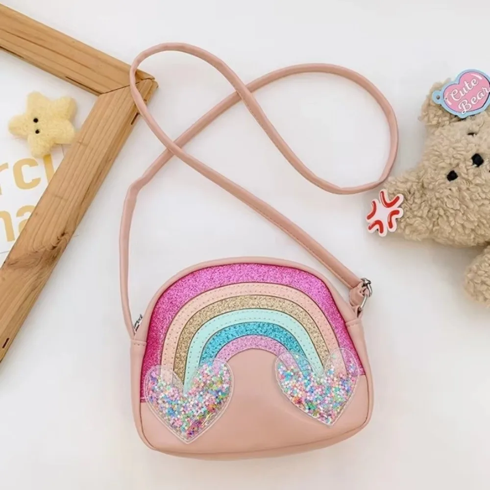 Casual PU Leather Shoulder Bags Rainbow Heart Sequins Print Coin Purse Clutch Style Portable Crossbody Bag For Girls