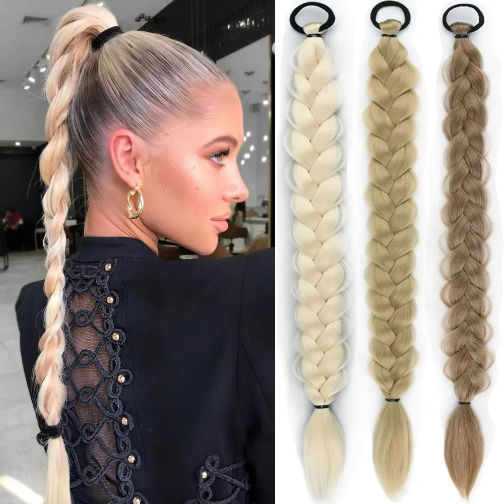 

24inches Synthetic Long Braided Ponytail Hair Extensions for Women Black Brown Pony Tail with Hair Rope High Temperature Fiber