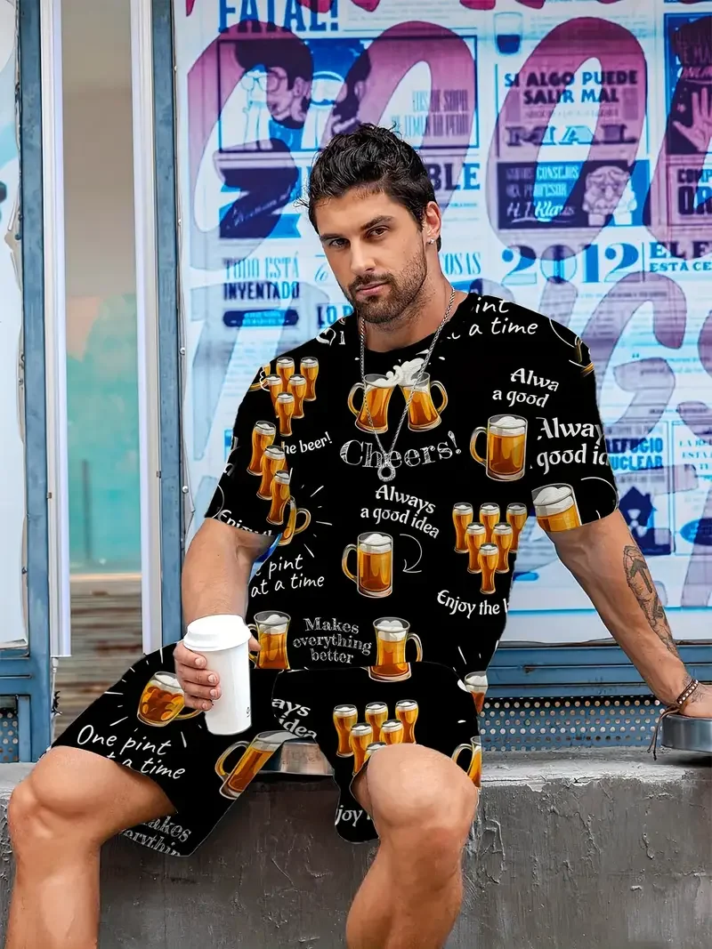 

2025-26, летний бестселлер, новый трендовый дизайн, пивной комплект, уличная дышащая быстросохнущая мужская футболка с 3D принтом, комплект с шортами