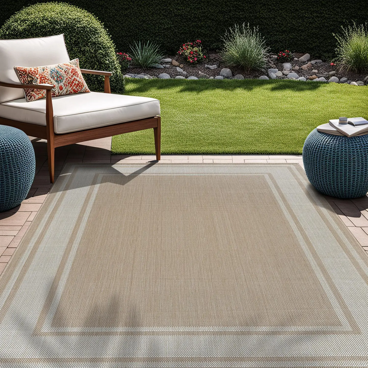 

Outdoor Rug 8x10 Modern Bordered Area Rugs for Indoor and Outdoor Patio Deck Porch Garden Waterproof Weather Sun Resistant Wa