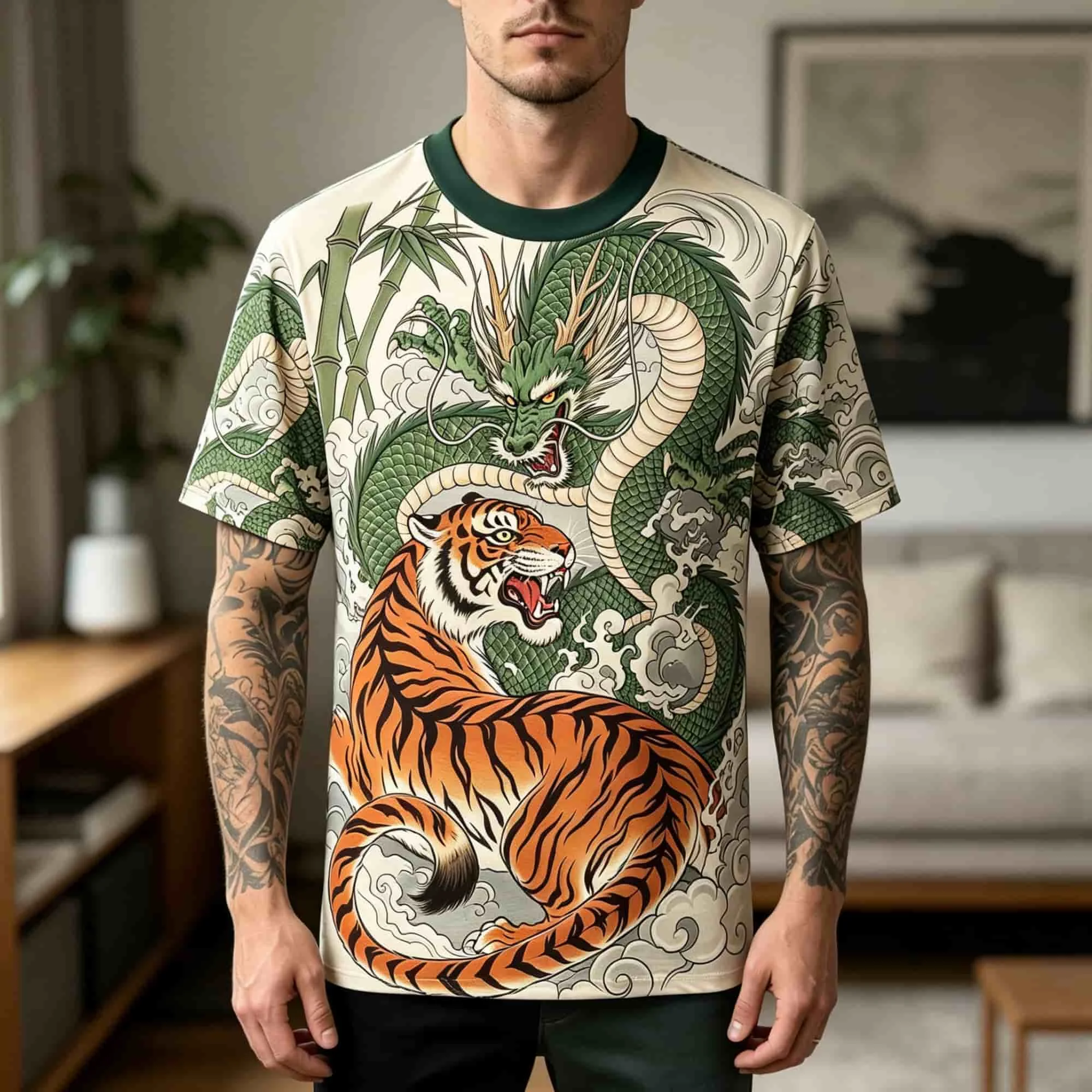 Men Crew Neck Short Sleeve T‑Shirt, Traditional Oriental Dragon Tiger Totem Full Print Contrast Ukiyo‑e Style Streetwear Tees