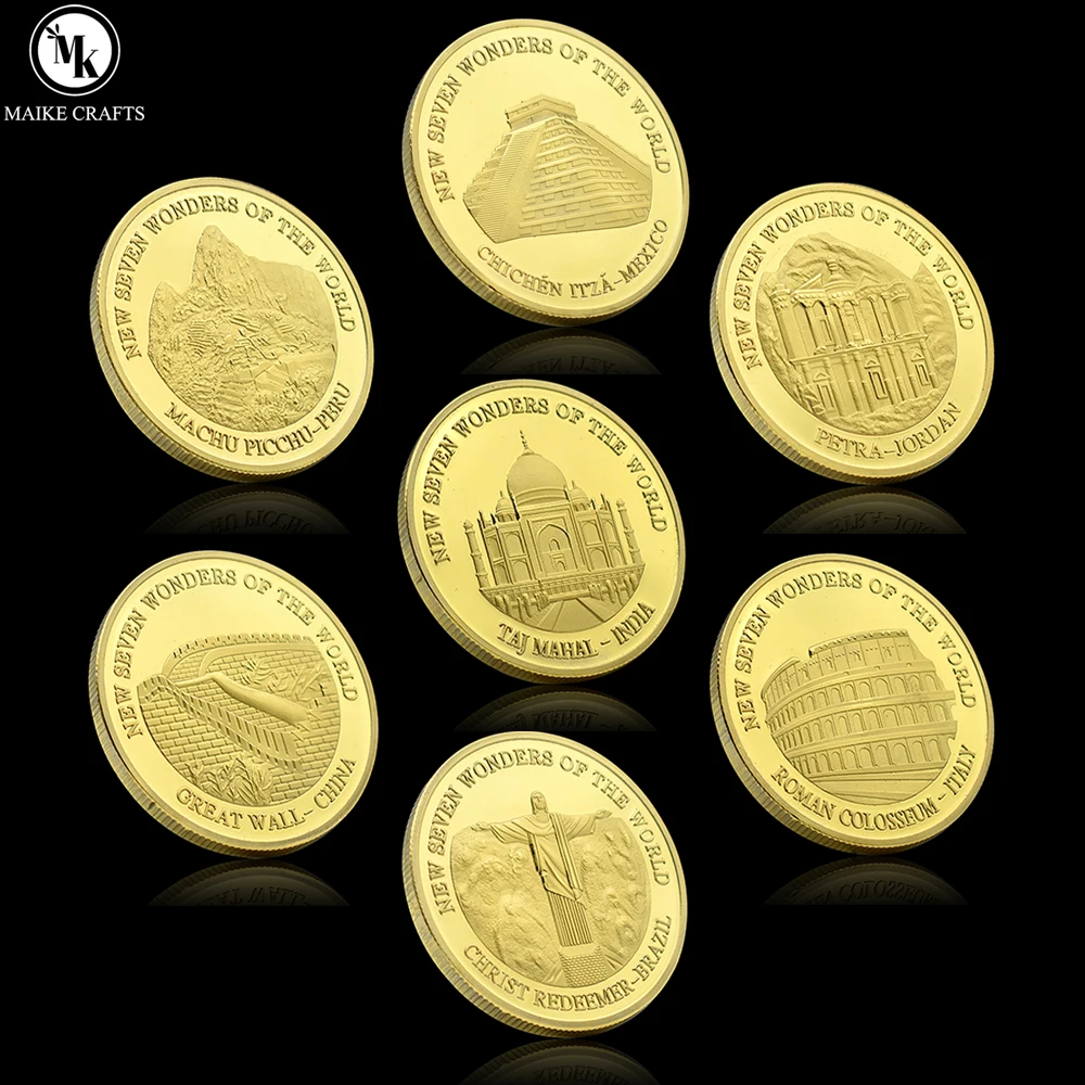 

7pc Seven Wonders Challenge Coin Gold Plated Badge World Architecture Gold Coin Decoration Commemorative Coin Collection Gift