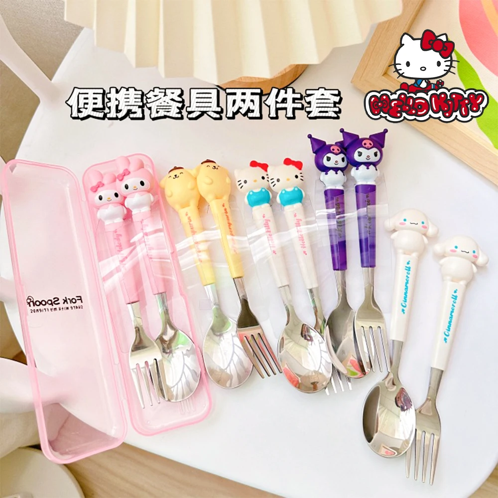 Hello Kitty Sanrio Cinnamoroll My Melody Stainless Steel Cutlery Spoon Chopsticks Set Portable Student Cutlery Kitchenware Gifts