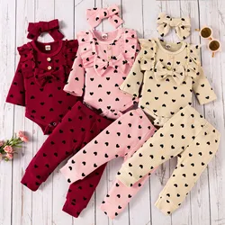 Girls Size 8 Clothes Infant Baby Girls Two-Piece Suit Heart Print Ribbed Bow Romper Tops+ Pants Headband Outfits Sleeve Bodysuit