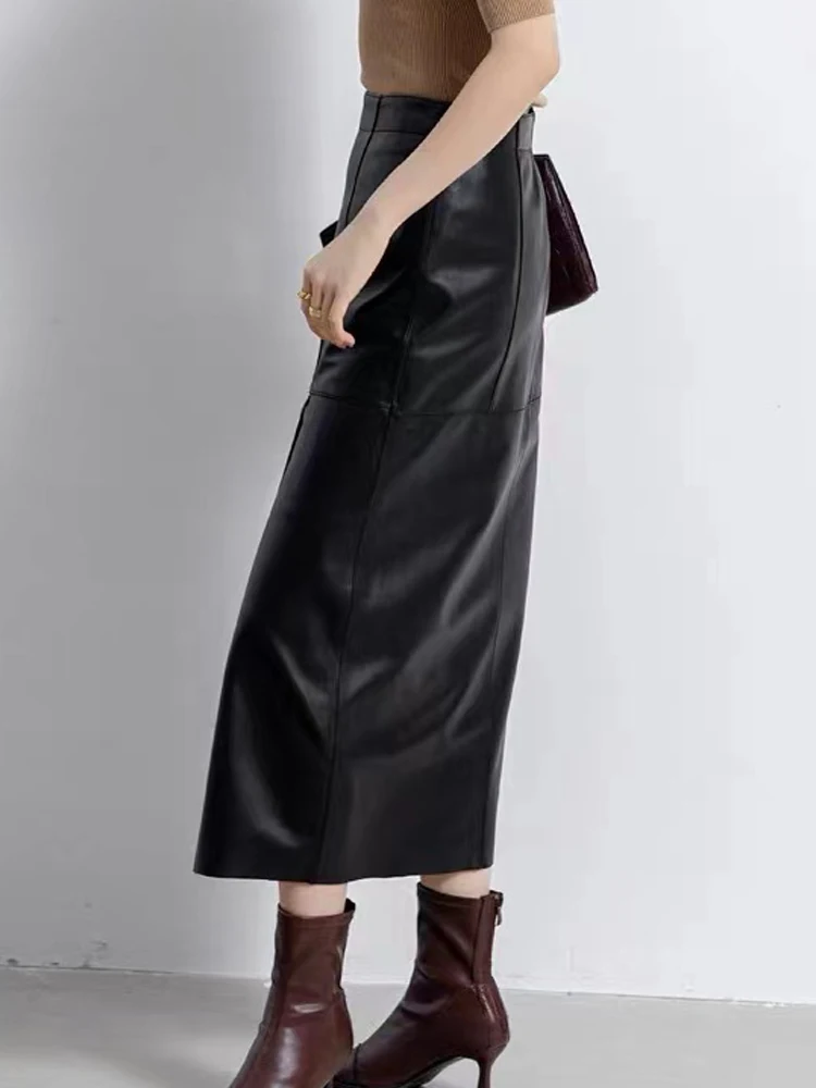 2024 Spring New Genuine Leather Skirt For Women Stylish Streetwear High Waist Slit 85cm Long Jupe Khaki/Black Wrap Saia Longa